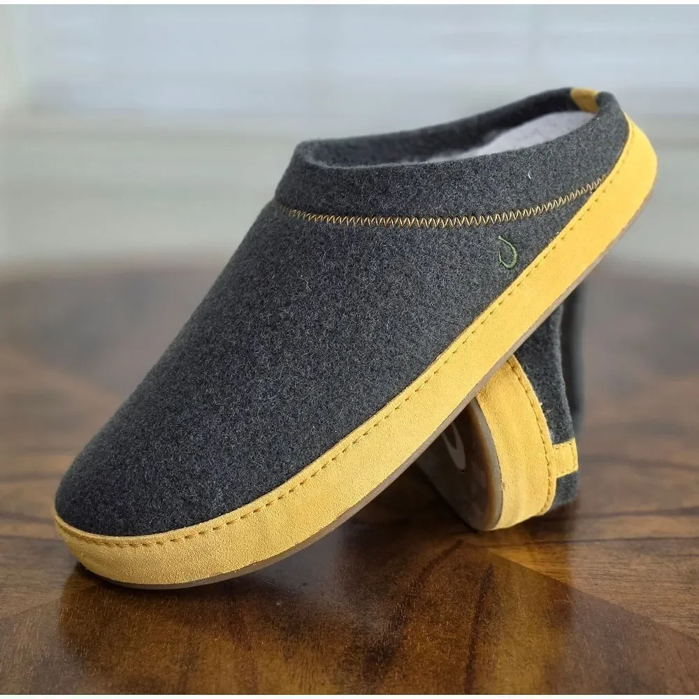 OluKai Hamani Hulu Slip-On Mules Green Yellow Beige Real Lamb Fur Men's Size 9